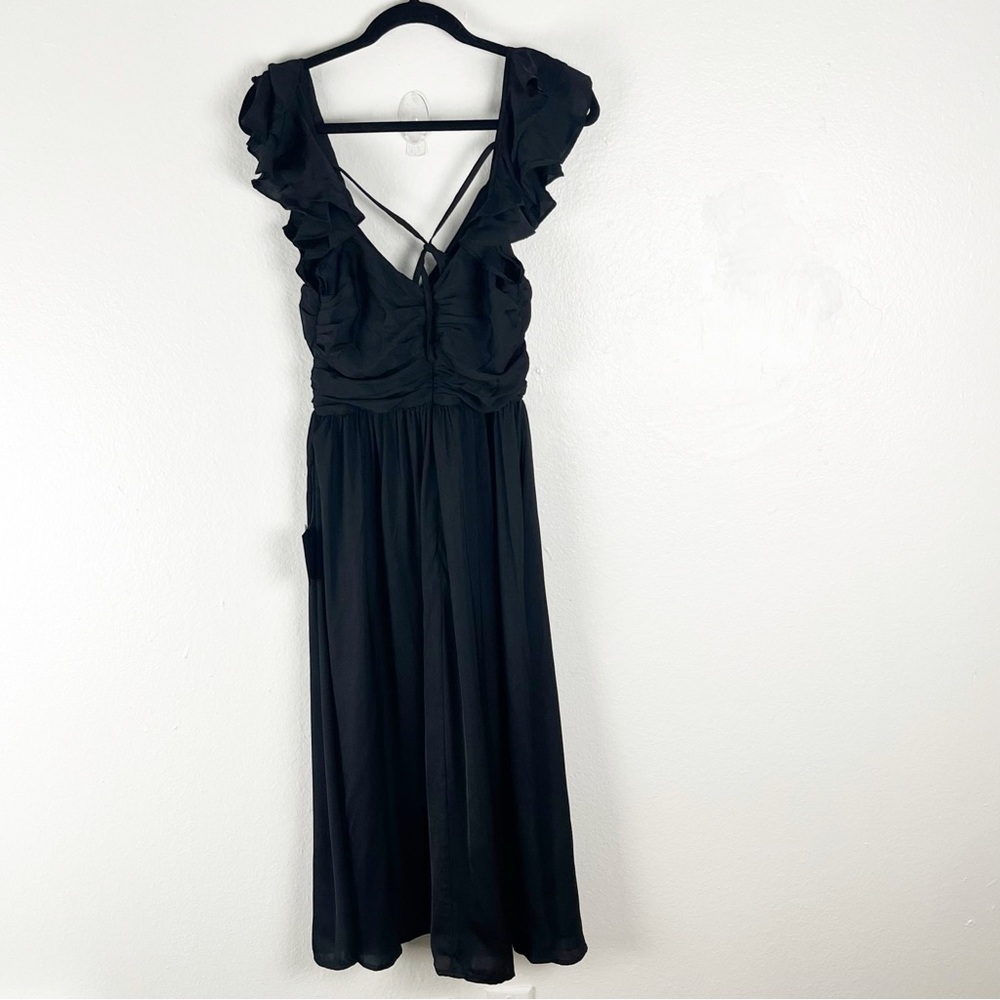 LULUS Black Regal Ruffles Back Ties Hidden Zipper V-Neck Flutter Sleeve Dress
